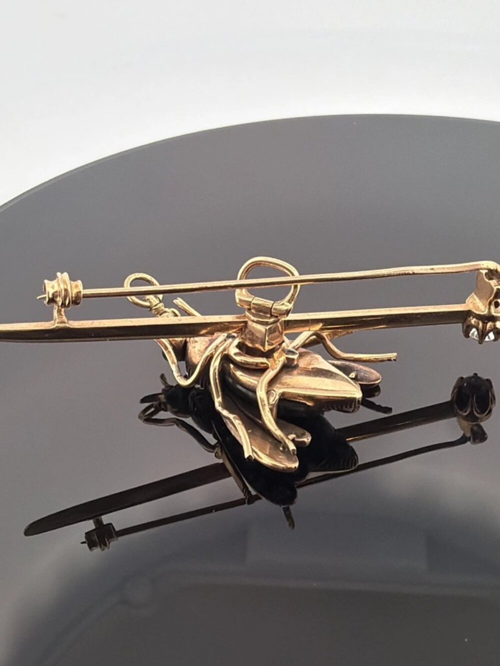 Antique Victorian Bee Brooch 14K Gold & Silver Diamond Emerald Cats Eye Quartz - Picture 8 of 13